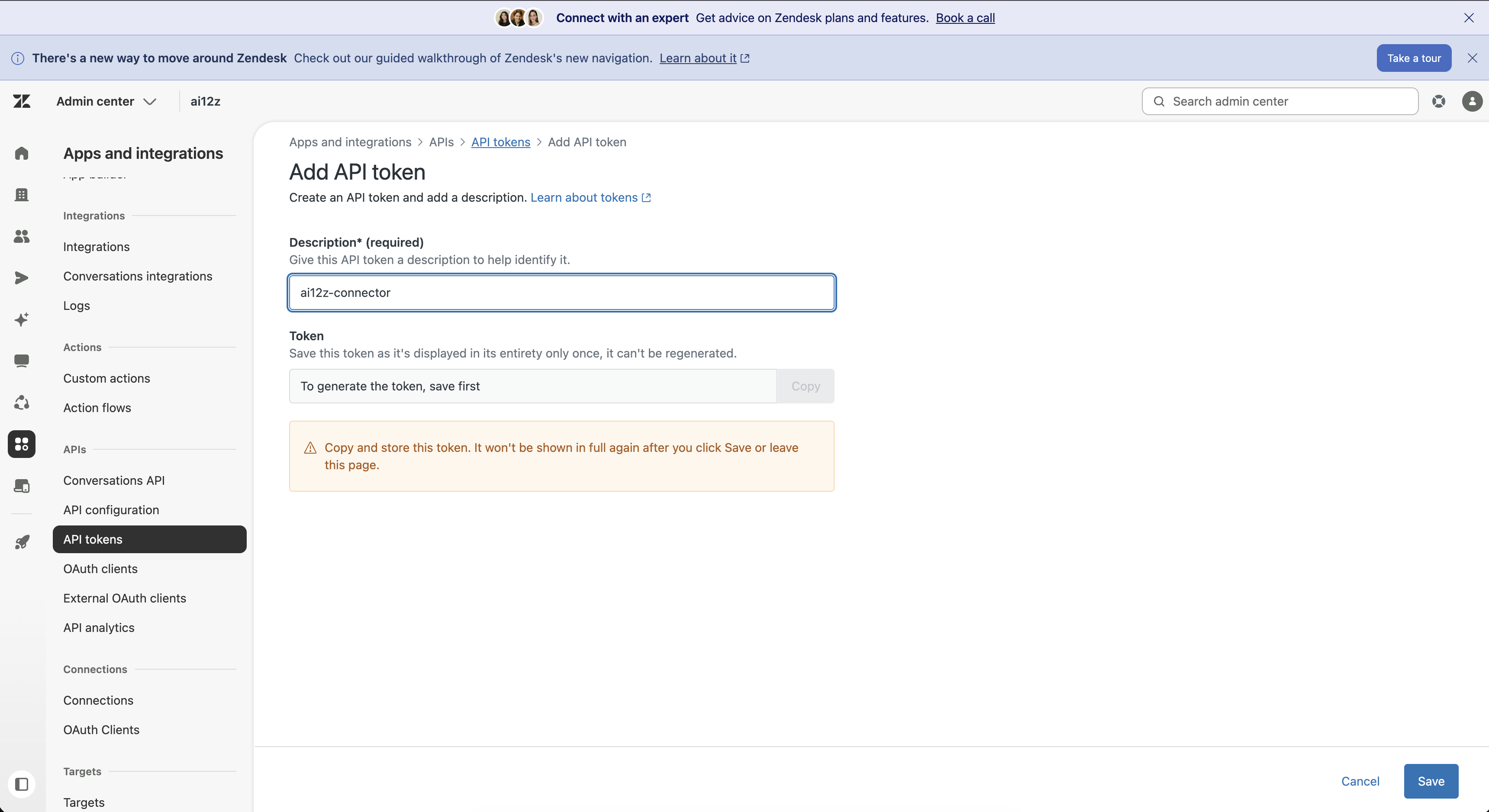 Zendesk Add API Token dialog with the generated token visible