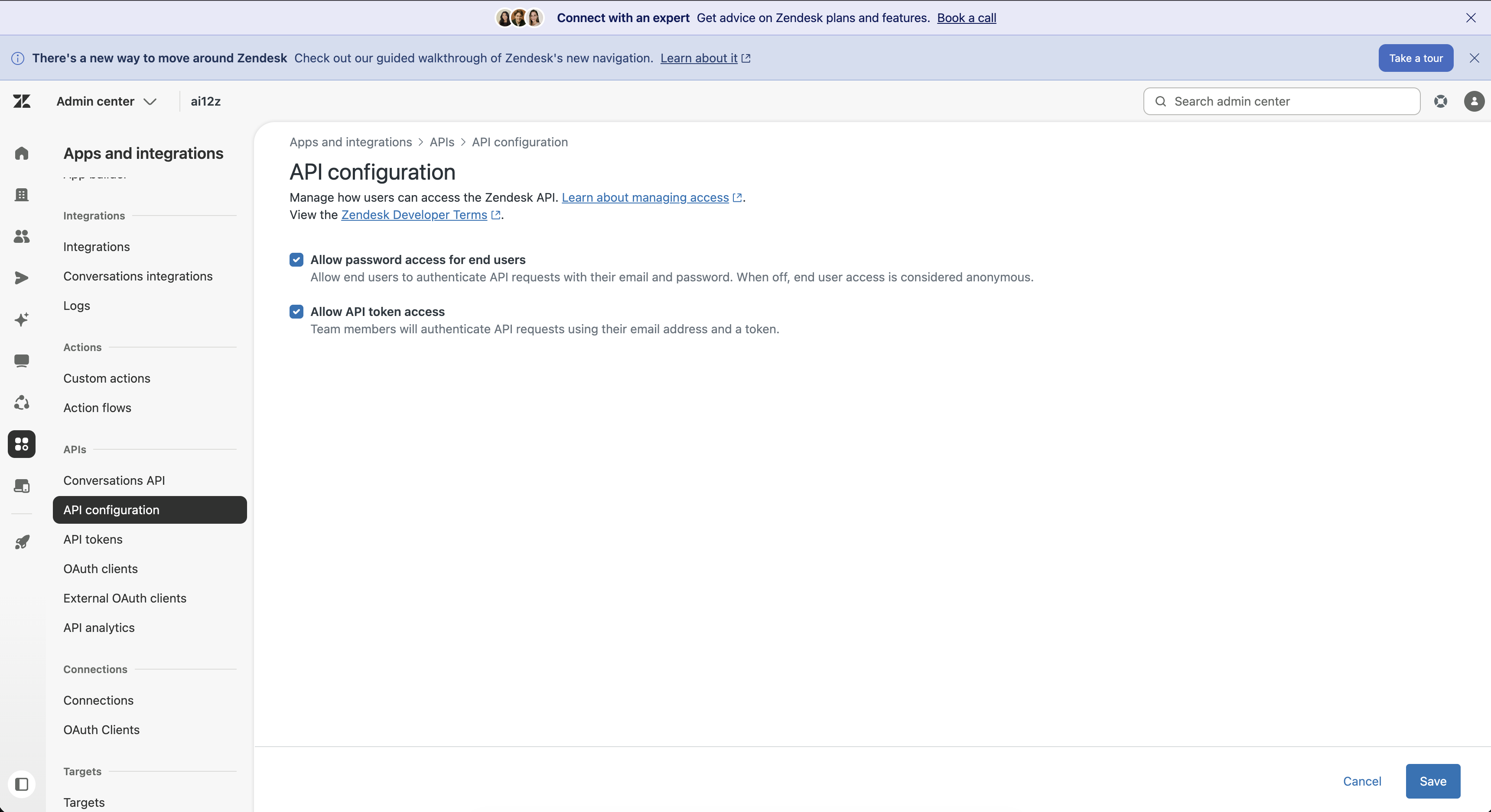 Zendesk Admin Center showing Token access toggle enabled in the Zendesk API settings page