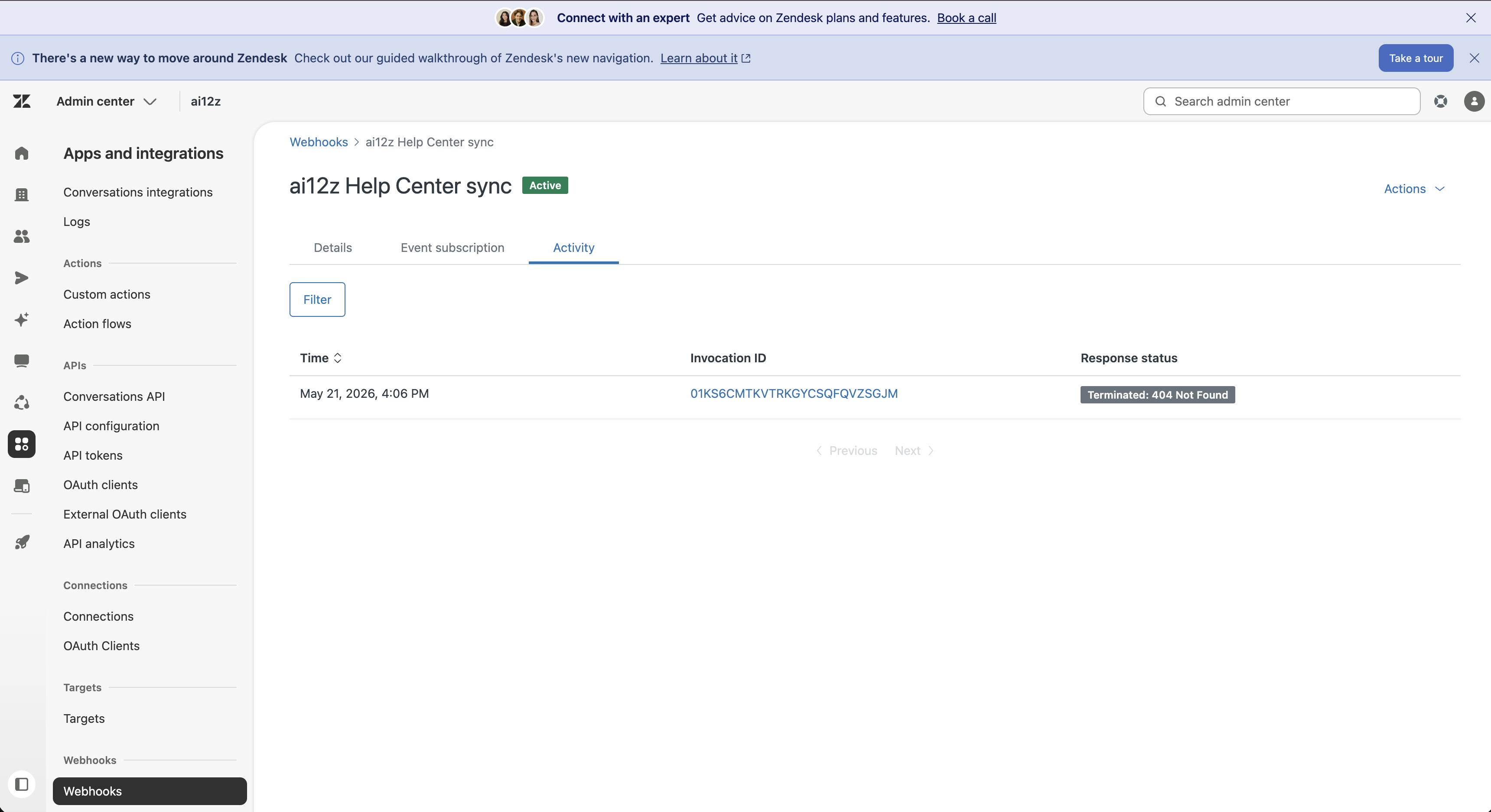 Zendesk webhook Activity tab showing delivery history with response statuses